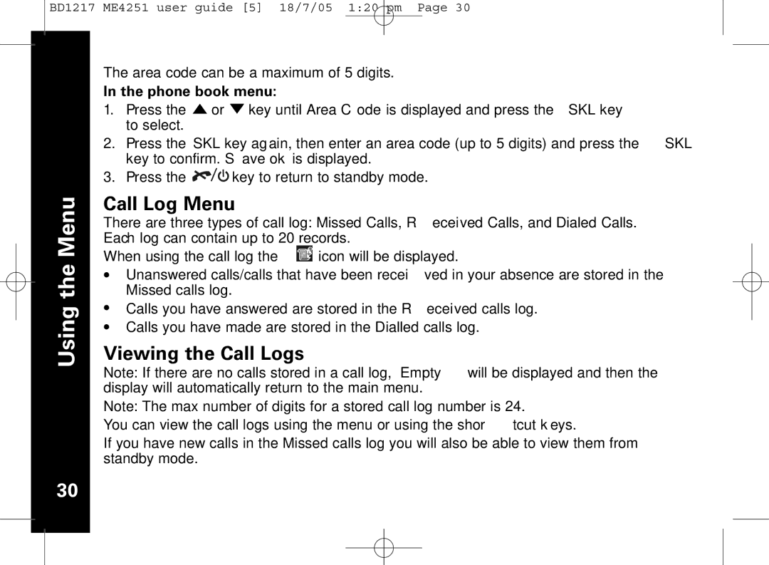 Motorola ME4251 manual Call Log Menu, Viewing the Call Logs 