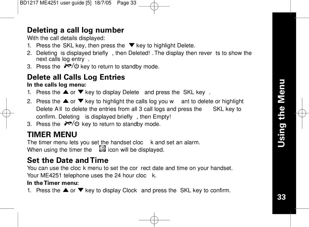 Motorola ME4251 manual Deleting a call log number, Delete all Calls Log Entries, Set the Date and Time, Calls log menu 