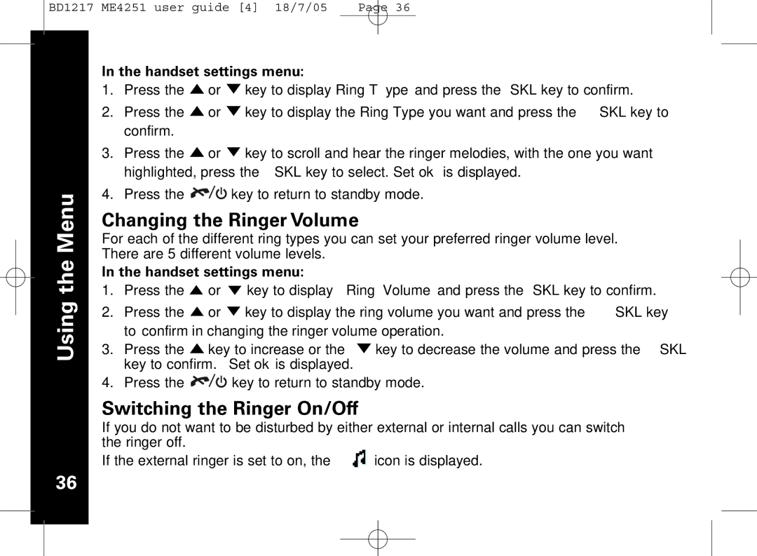 Motorola ME4251 manual Changing the Ringer Volume, Switching the Ringer On/Off, Handset settings menu 