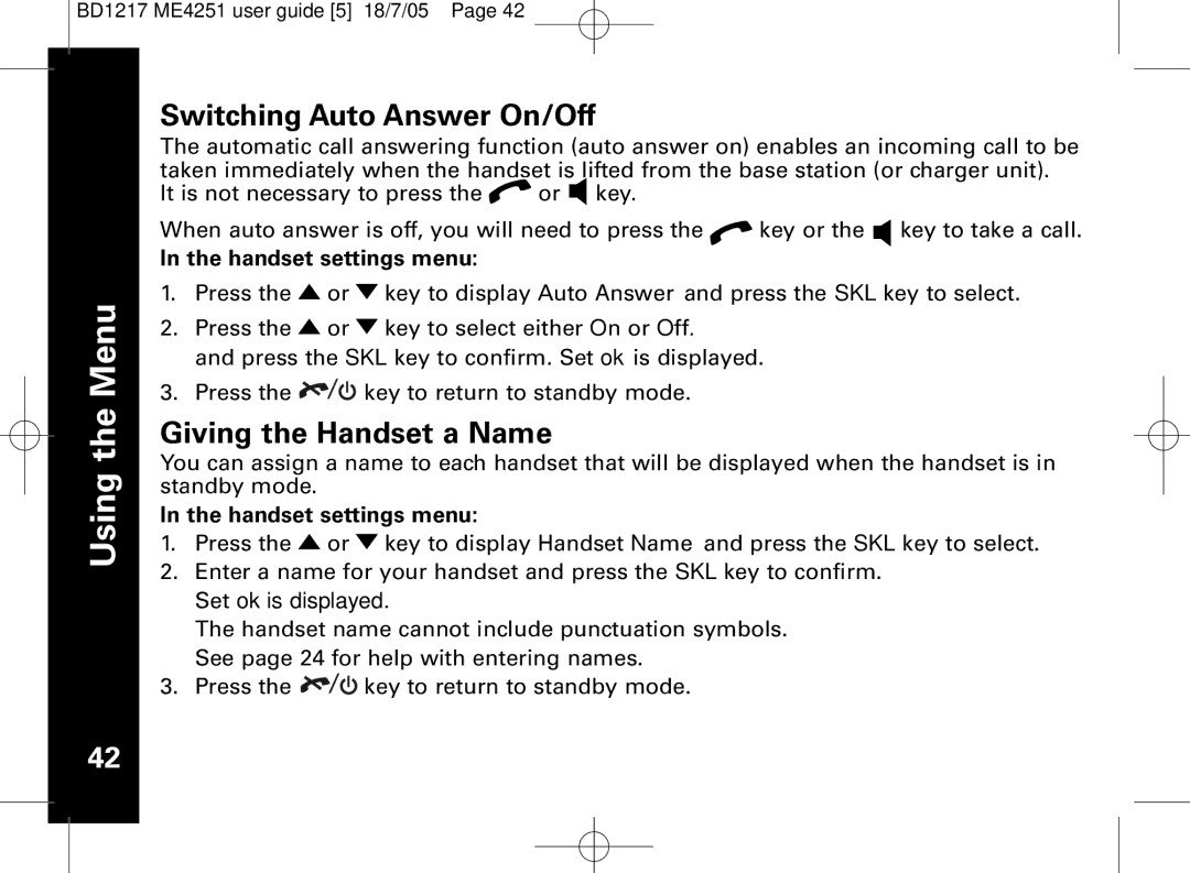 Motorola ME4251 manual Switching Auto Answer On/Off, Giving the Handset a Name 