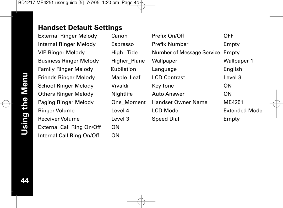 Motorola ME4251 manual Handset Default Settings, Off 