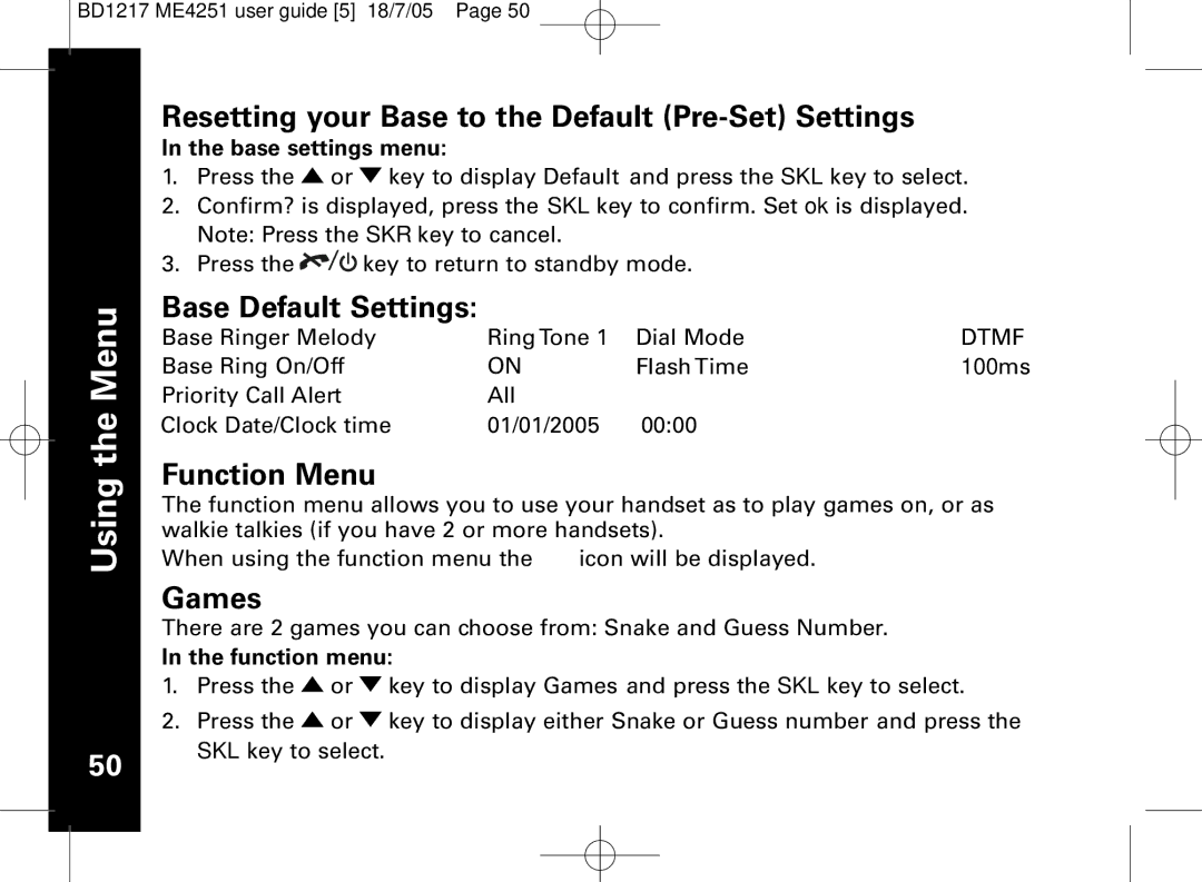 Motorola ME4251 manual Resetting your Base to the Default Pre-Set Settings, Base Default Settings, Function Menu, Games 