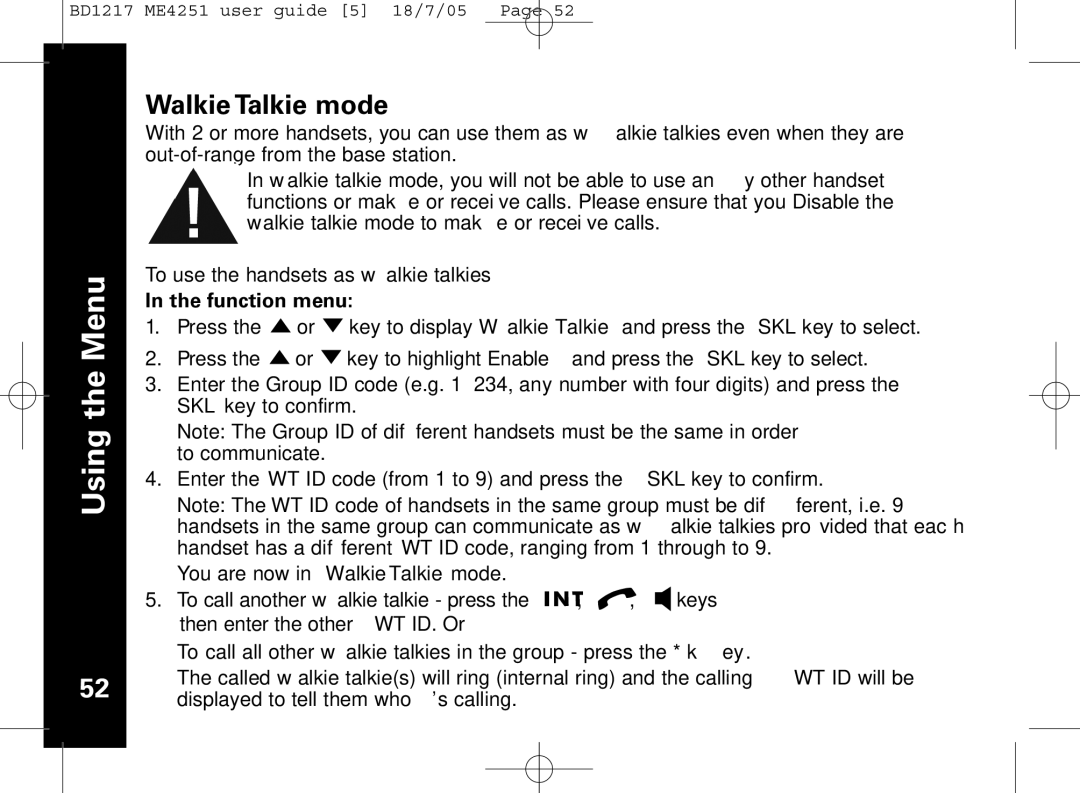 Motorola ME4251 manual Walkie Talkie mode 