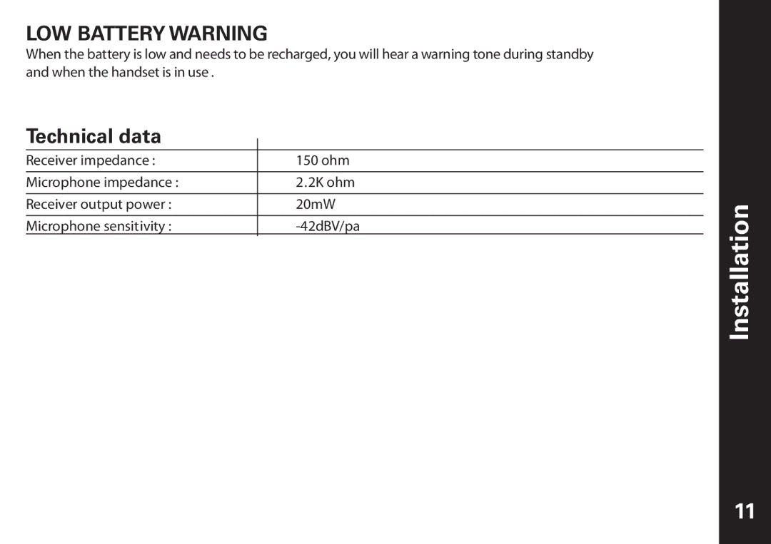 Motorola ME6091 manual LOW Battery Warning, Technical data 