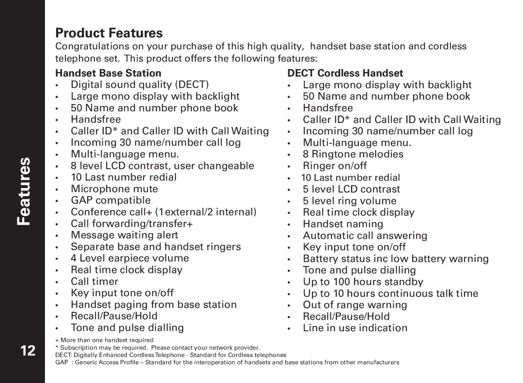 Motorola ME6091 manual Product Features, Handset Base Station, Dect Cordless Handset 