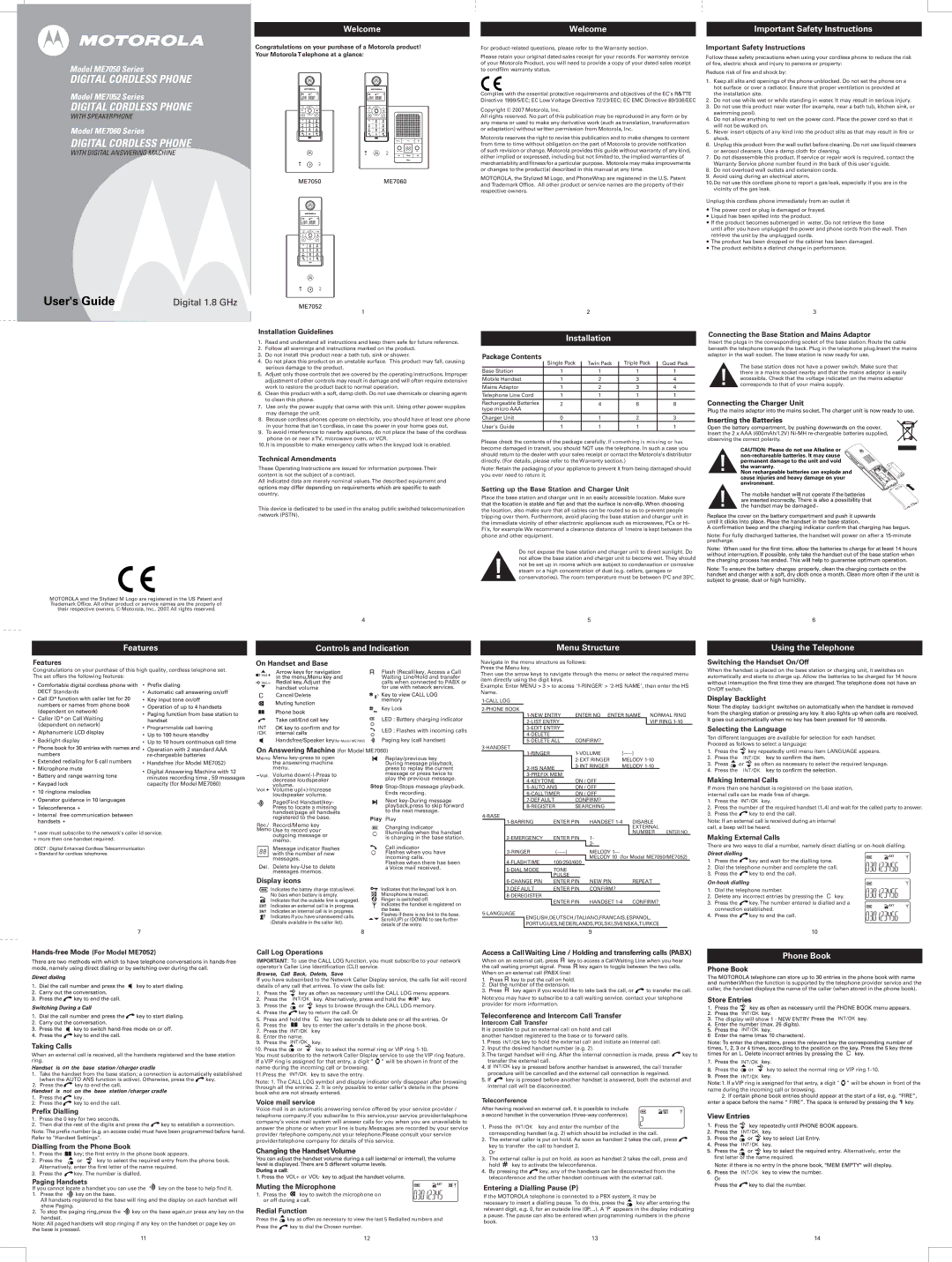 Motorola ME7052 important safety instructions Important Safety Instructions, Installation Guidelines, Technical Amendments 