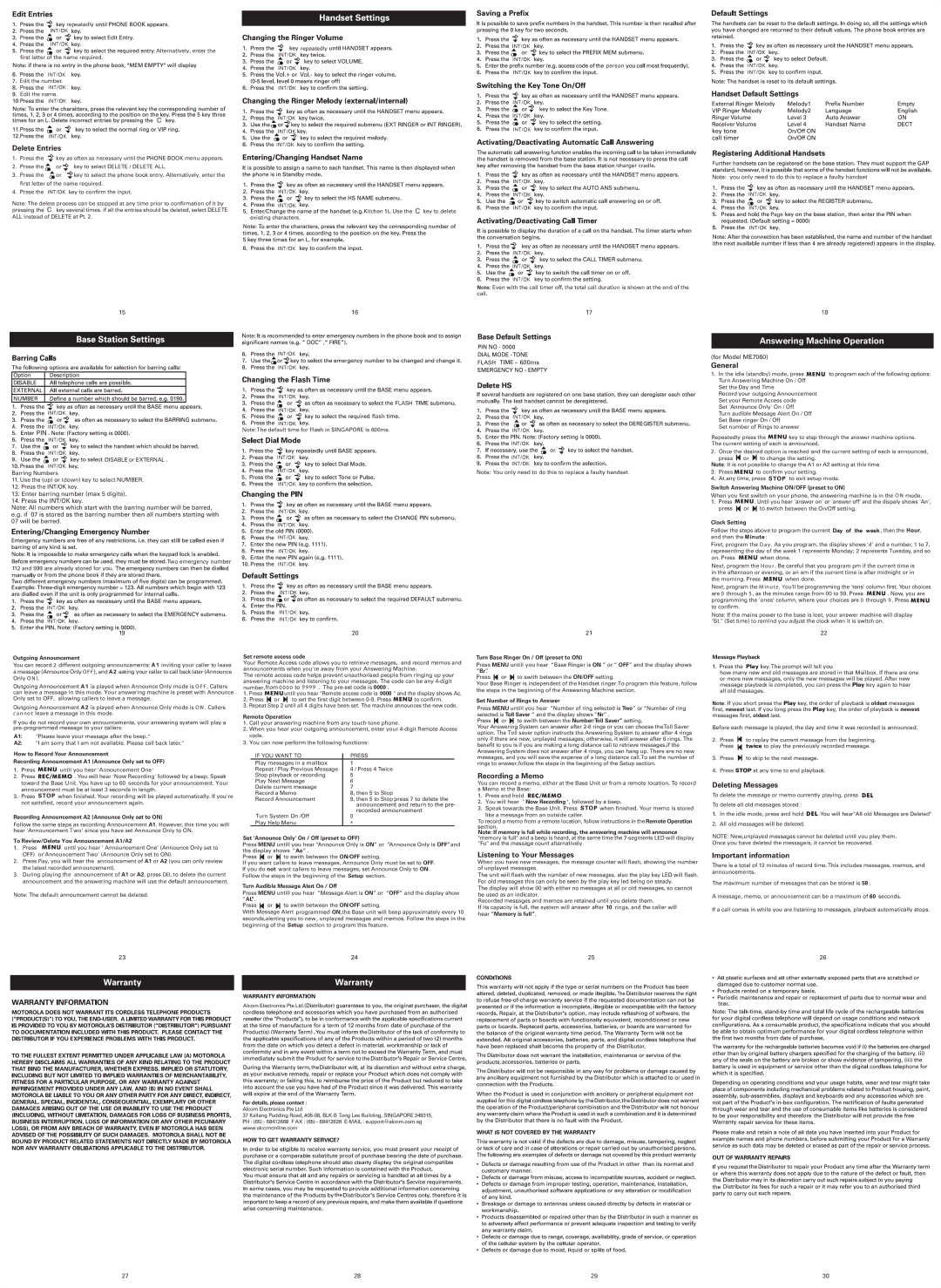 Motorola ME7052 Delete Entries, General, Recording a Memo, Listening to Your Messages, Deleting Messages 