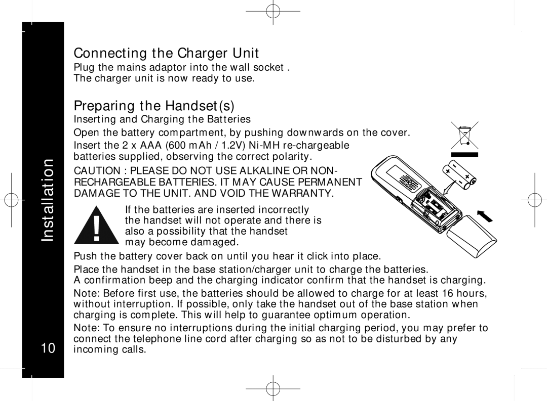 Motorola ME7158 manual Connecting the Charger Unit, Preparing the Handsets, Inserting and Charging the Batteries 