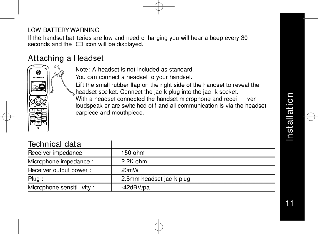 Motorola ME7158 manual Attaching a Headset, Technical data, LOW Battery Warning 