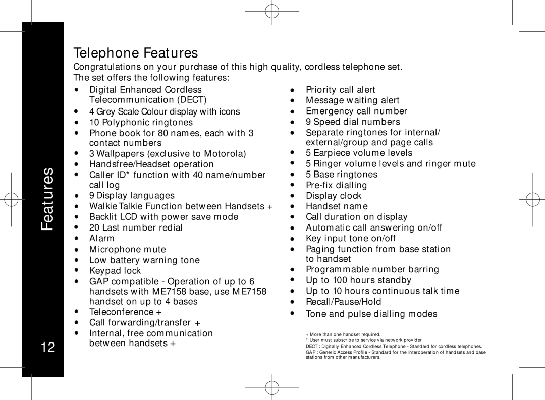 Motorola ME7158 manual Telephone Features 