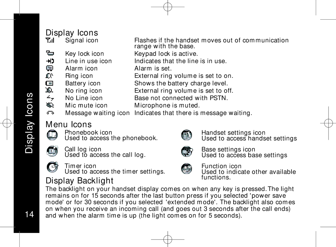 Motorola ME7158 manual Display Icons, Menu Icons, Display Backlight 