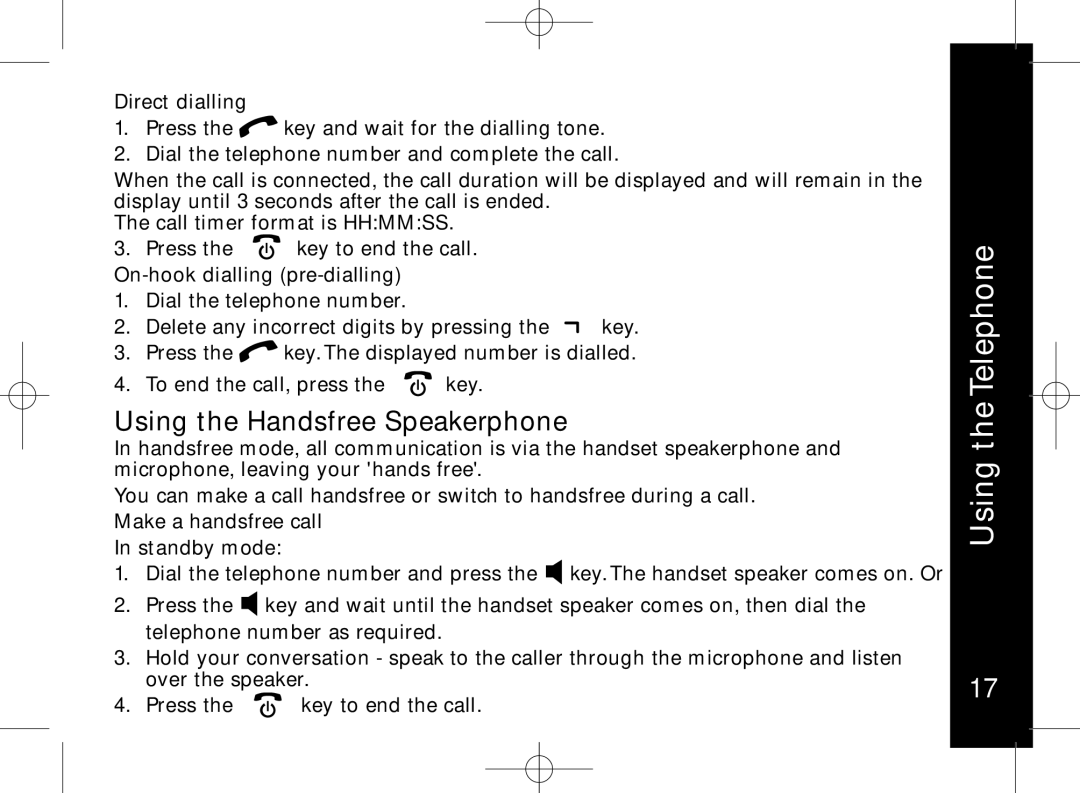 Motorola ME7158 manual Using the Handsfree Speakerphone, Direct dialling, On-hook dialling pre-dialling 