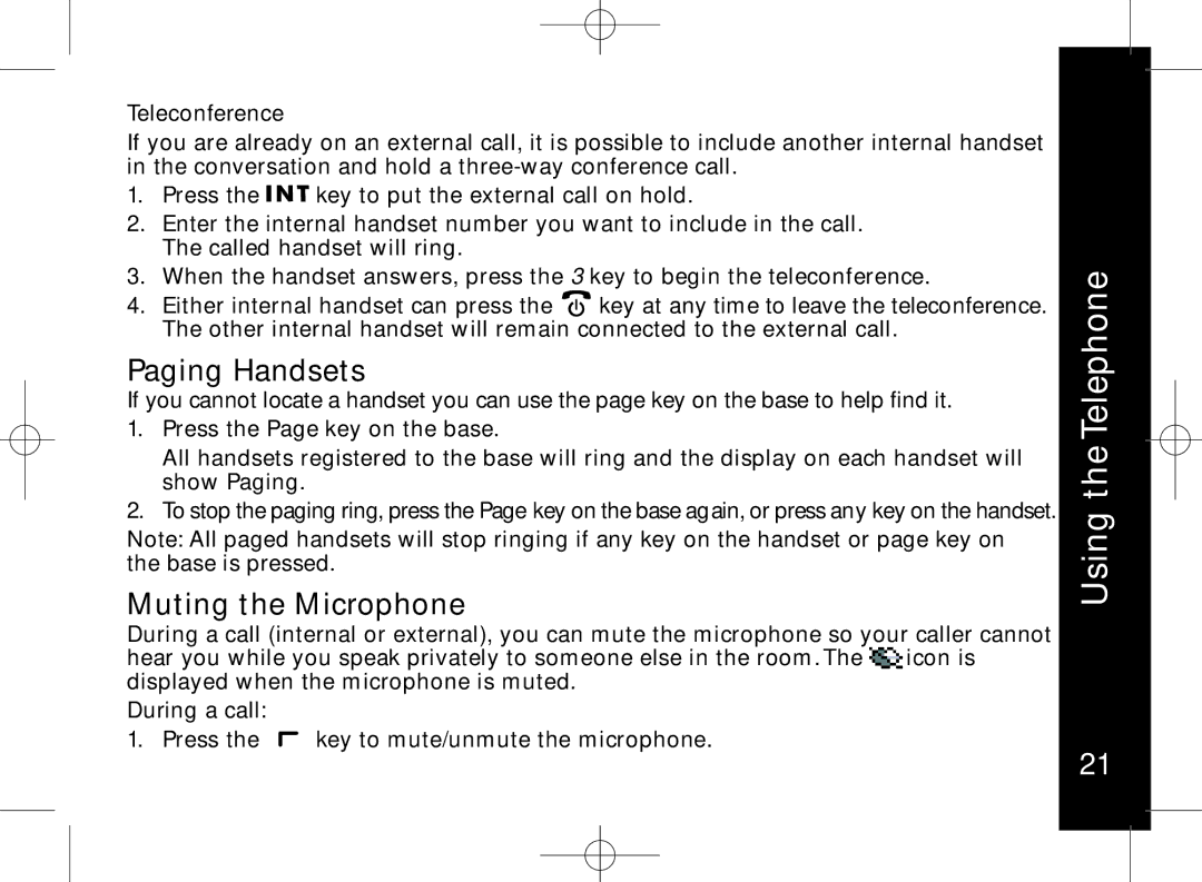 Motorola ME7158 manual Paging Handsets, Muting the Microphone, Teleconference 