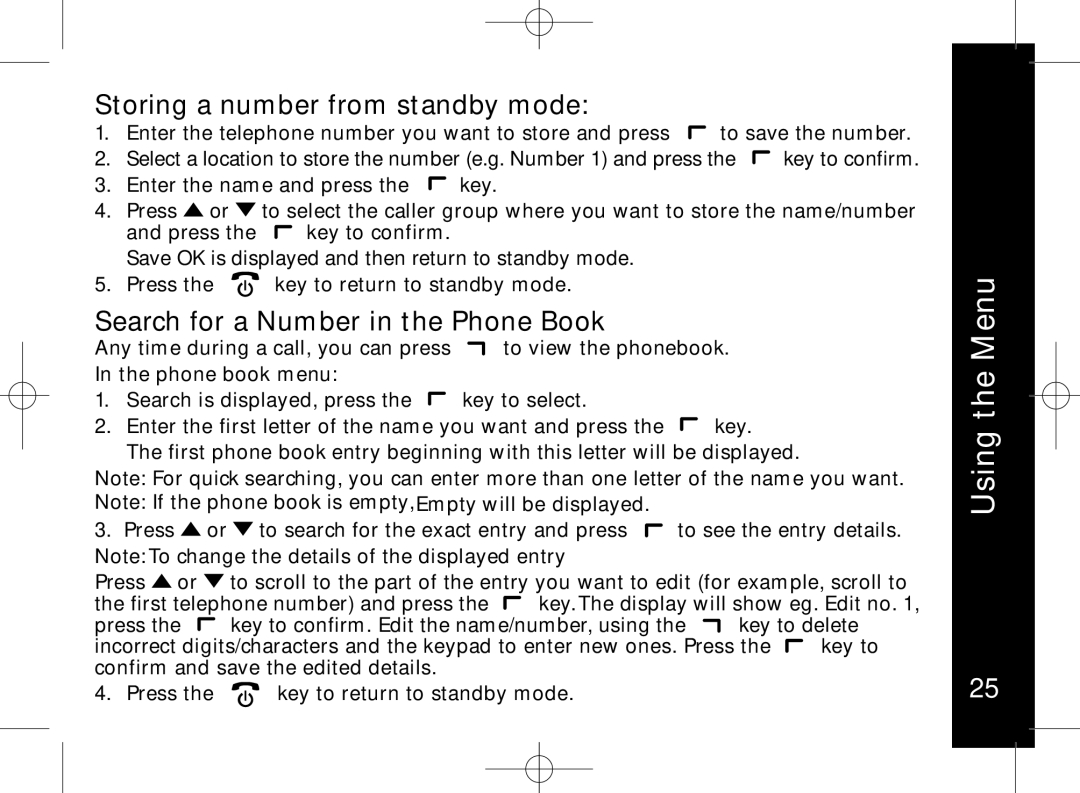 Motorola ME7158 manual Storing a number from standby mode, Search for a Number in the Phone Book, Phone book menu 