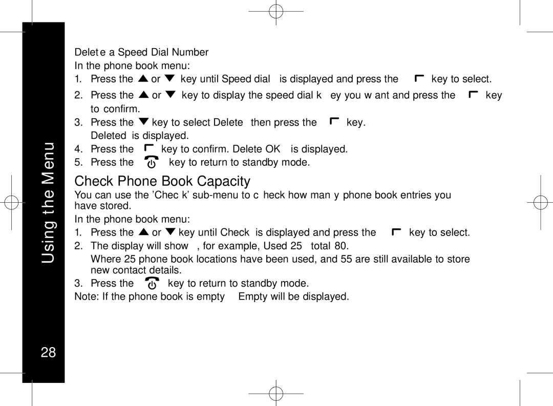 Motorola ME7158 manual Check Phone Book Capacity, Delete a Speed Dial Number Phone book menu 