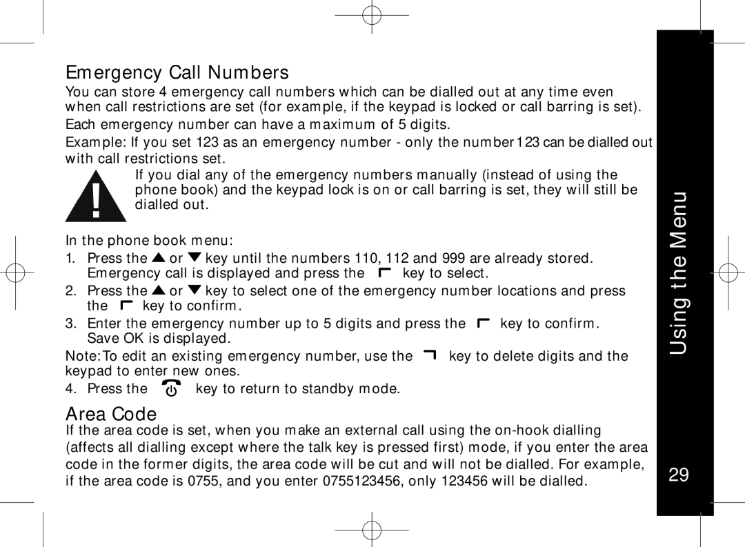 Motorola ME7158 manual Emergency Call Numbers, Area Code 