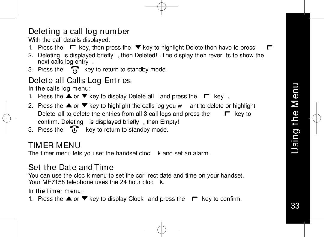 Motorola ME7158 manual Deleting a call log number, Delete all Calls Log Entries, Set the Date and Time, Timer menu 