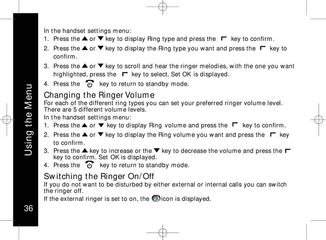 Motorola ME7158 manual Changing the Ringer Volume, Switching the Ringer On/Off, Handset settings menu 