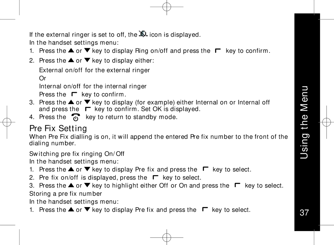 Motorola ME7158 manual Pre Fix Setting, Switching pre fix ringing On/Off Handset settings menu 