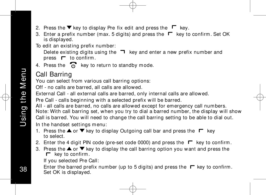 Motorola ME7158 manual Call Barring, To edit an existing prefix number 