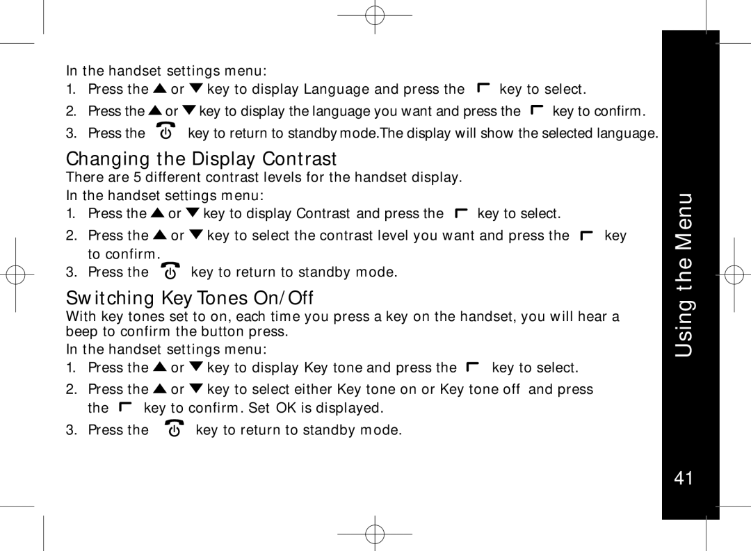 Motorola ME7158 manual Changing the Display Contrast, Switching Key Tones On/Off 