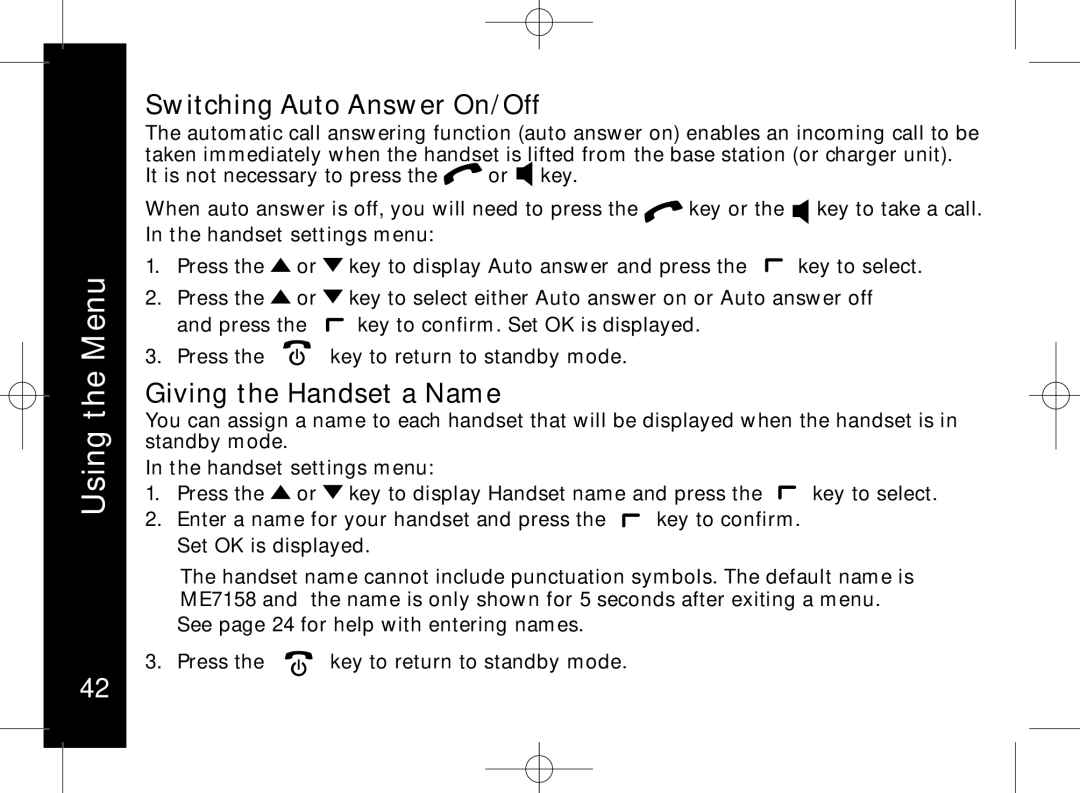 Motorola ME7158 manual Switching Auto Answer On/Off, Giving the Handset a Name 