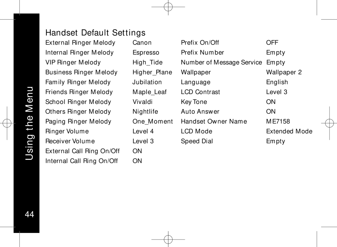 Motorola ME7158 manual Handset Default Settings, Off 