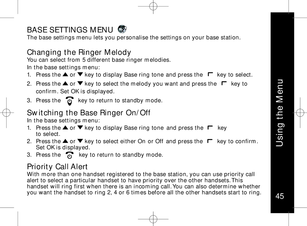 Motorola ME7158 manual Switching the Base Ringer On/Off, Priority Call Alert, Base settings menu 