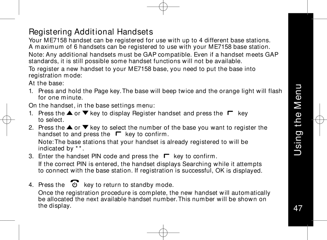 Motorola ME7158 manual Registering Additional Handsets, At the base, On the handset, in the base settings menu 