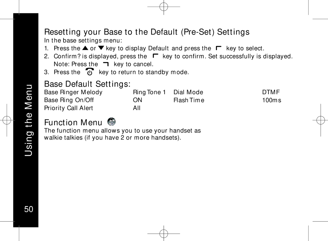 Motorola ME7158 manual Resetting your Base to the Default Pre-Set Settings, Base Default Settings, Function Menu 