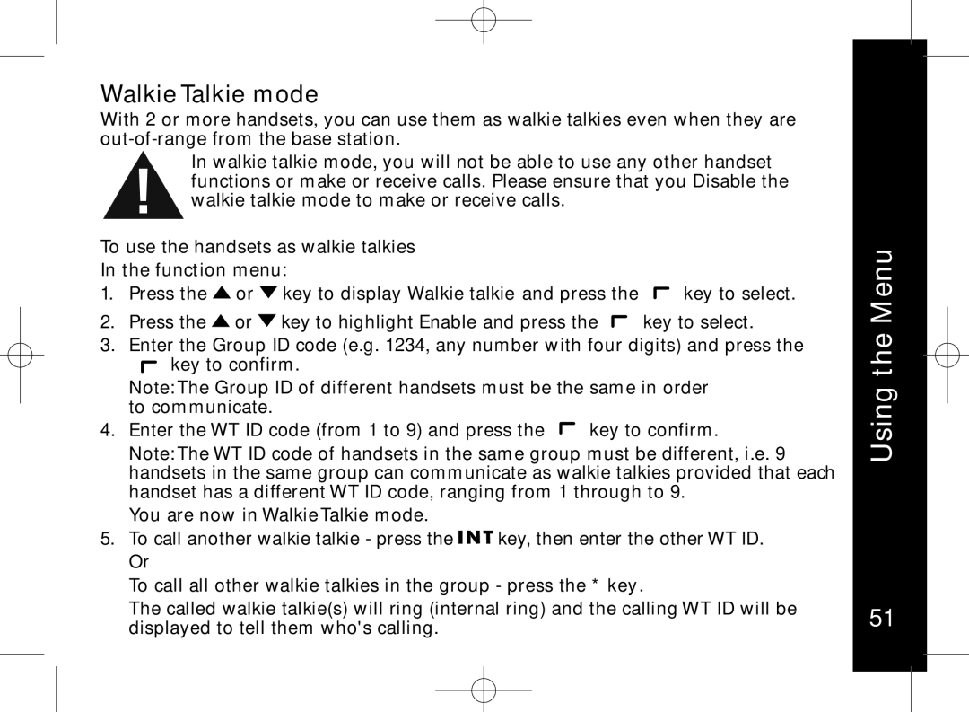 Motorola ME7158 manual Walkie Talkie mode, Function menu 