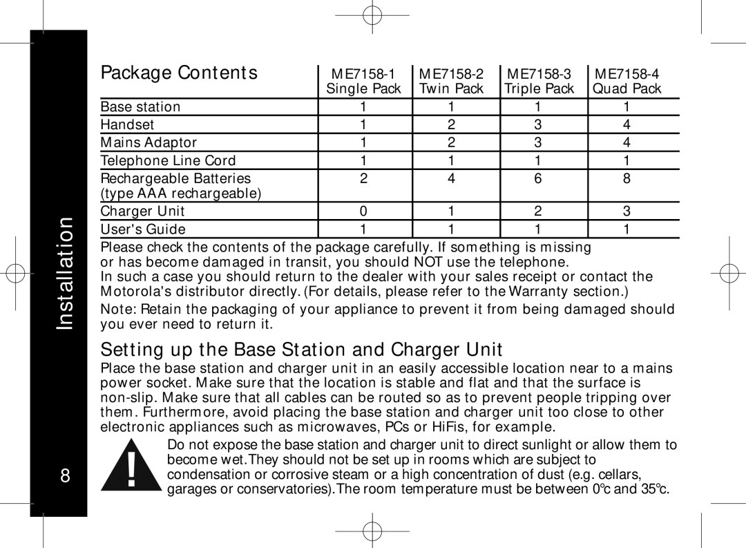 Motorola ME7158 manual Package Contents, Setting up the Base Station and Charger Unit 