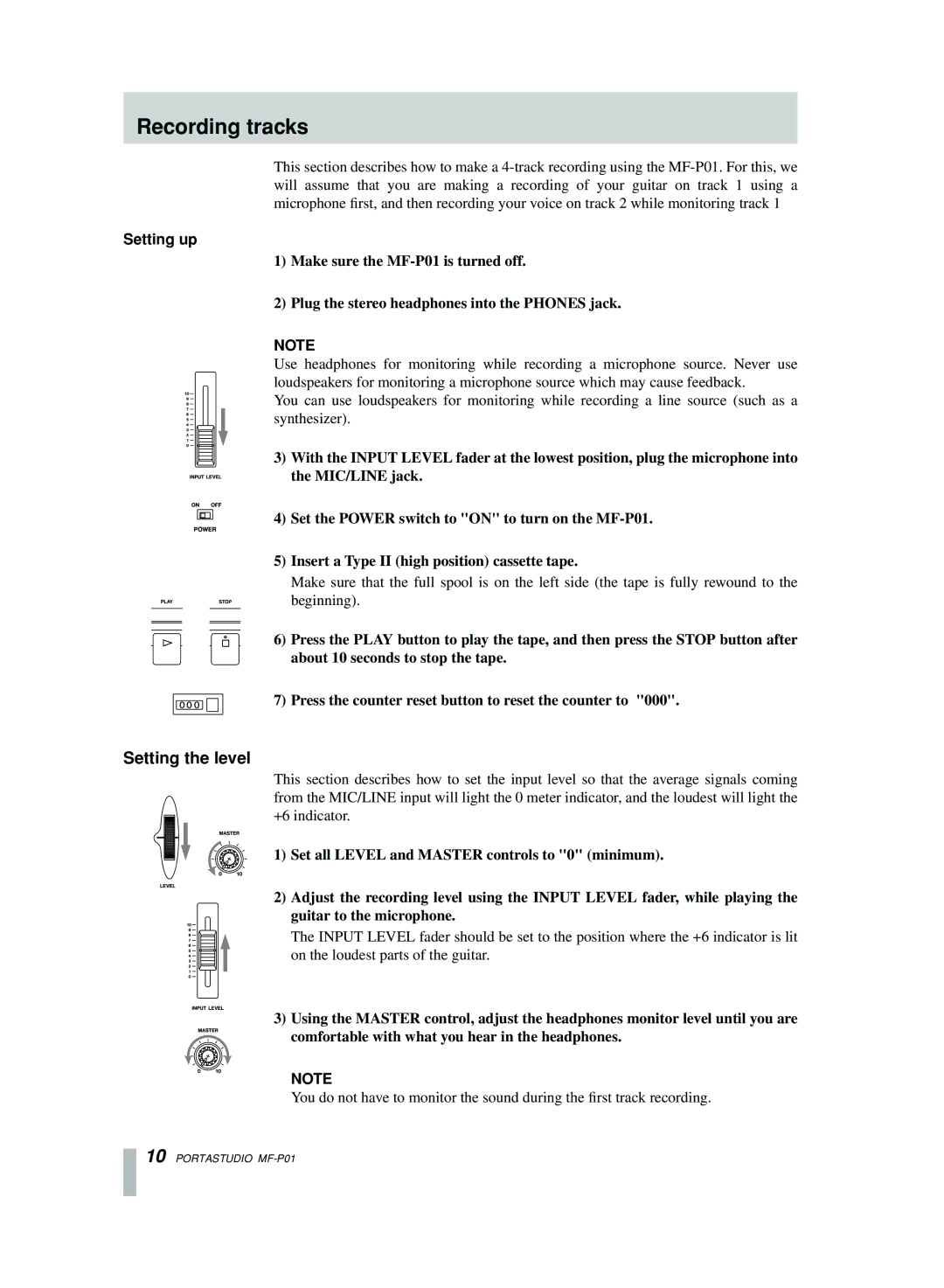 Motorola MF-P01 owner manual Recording tracks, Setting the level, Setting up 