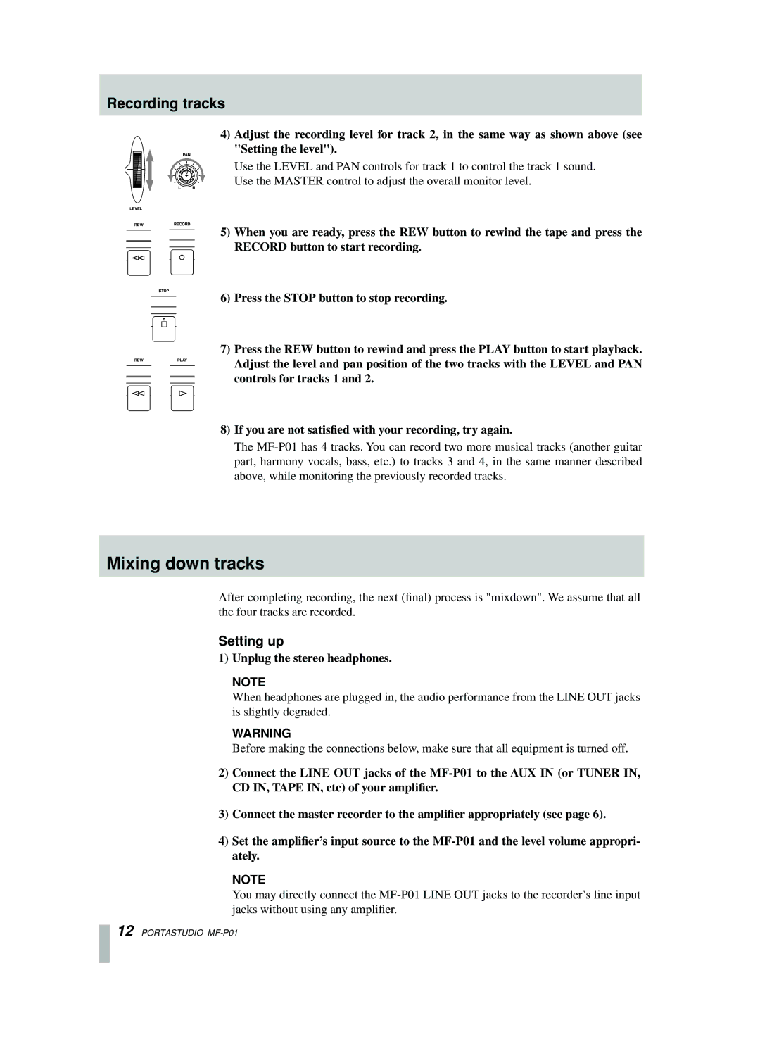 Motorola MF-P01 owner manual Mixing down tracks, Setting up 