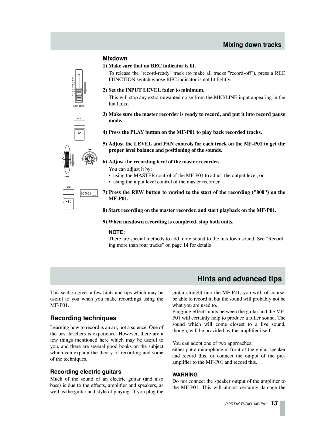 Motorola MF-P01 Hints and advanced tips, Mixing down tracks, Recording techniques, Mixdown, Recording electric guitars 