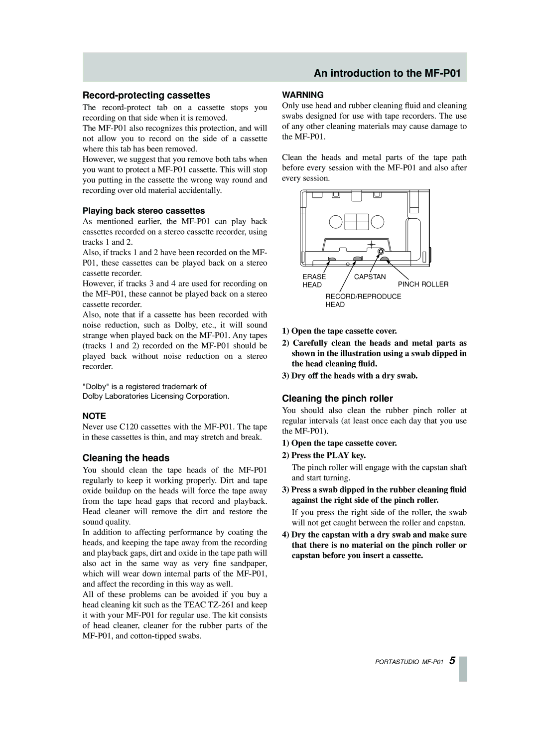 Motorola An introduction to the MF-P01, Record-protecting cassettes, Cleaning the heads, Cleaning the pinch roller 