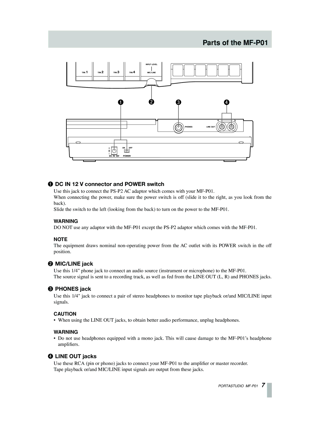 Motorola Parts of the MF-P01, DC in 12 V connector and Power switch, MIC/LINE jack, Phones jack, Line OUT jacks 