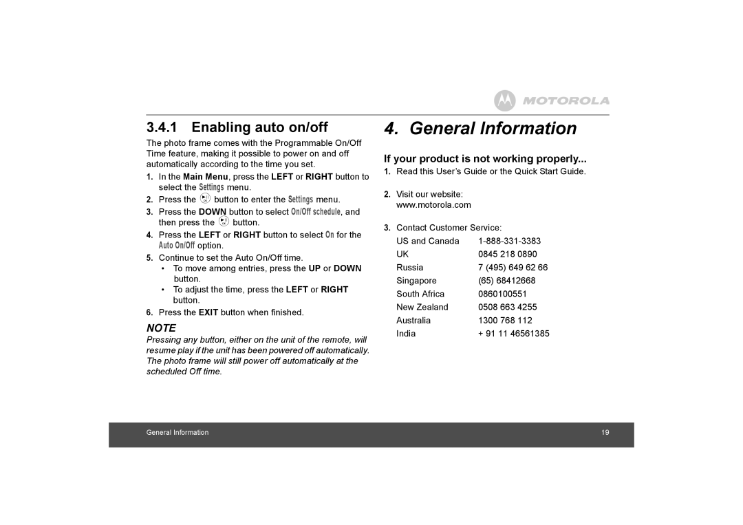 Motorola MF800 manual General Information, Enabling auto on/off 