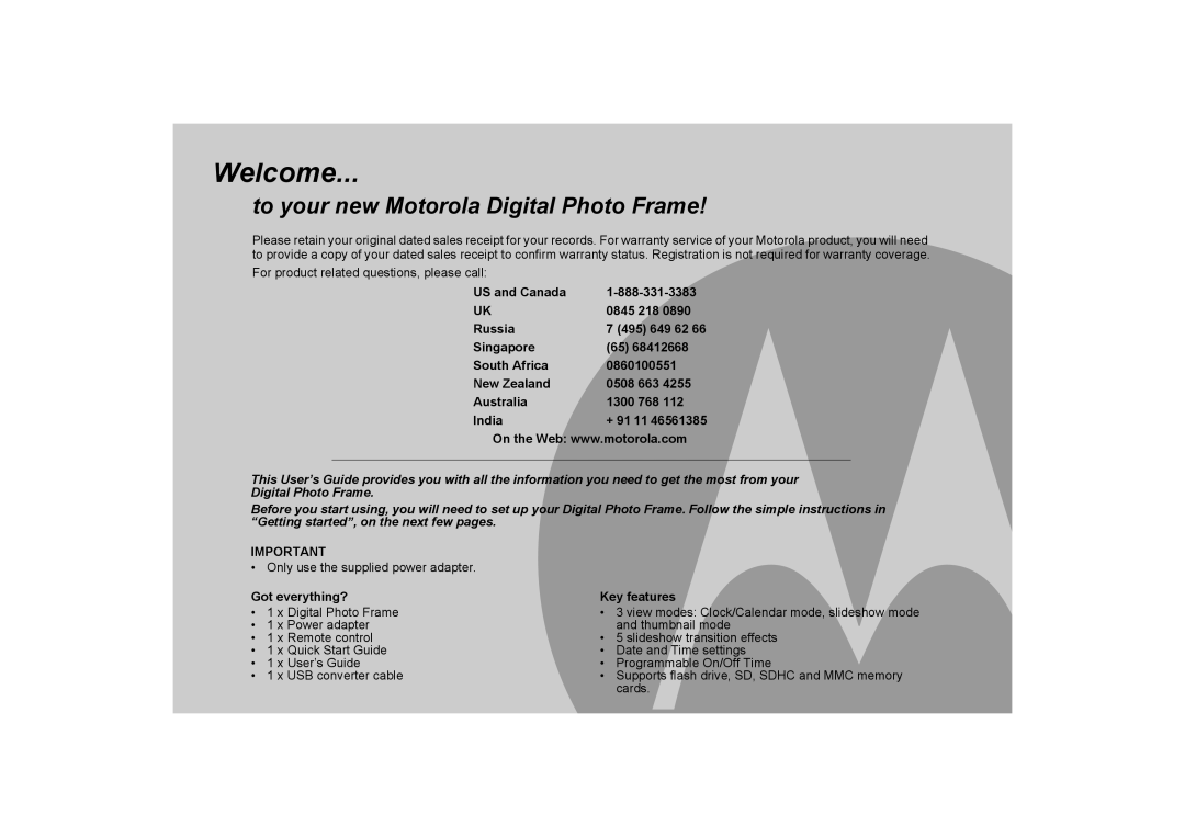 Motorola MF800 manual Welcome, To your new Motorola Digital Photo Frame 