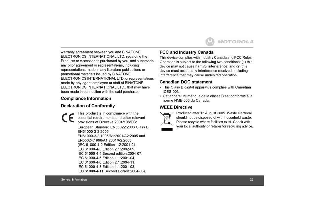 Motorola MF800 manual Compliance Information Declaration of Conformity 