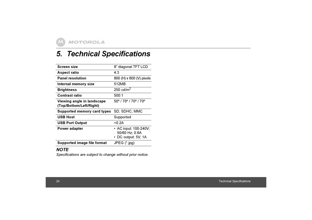 Motorola MF800 manual Technical Specifications, Supported image file format 