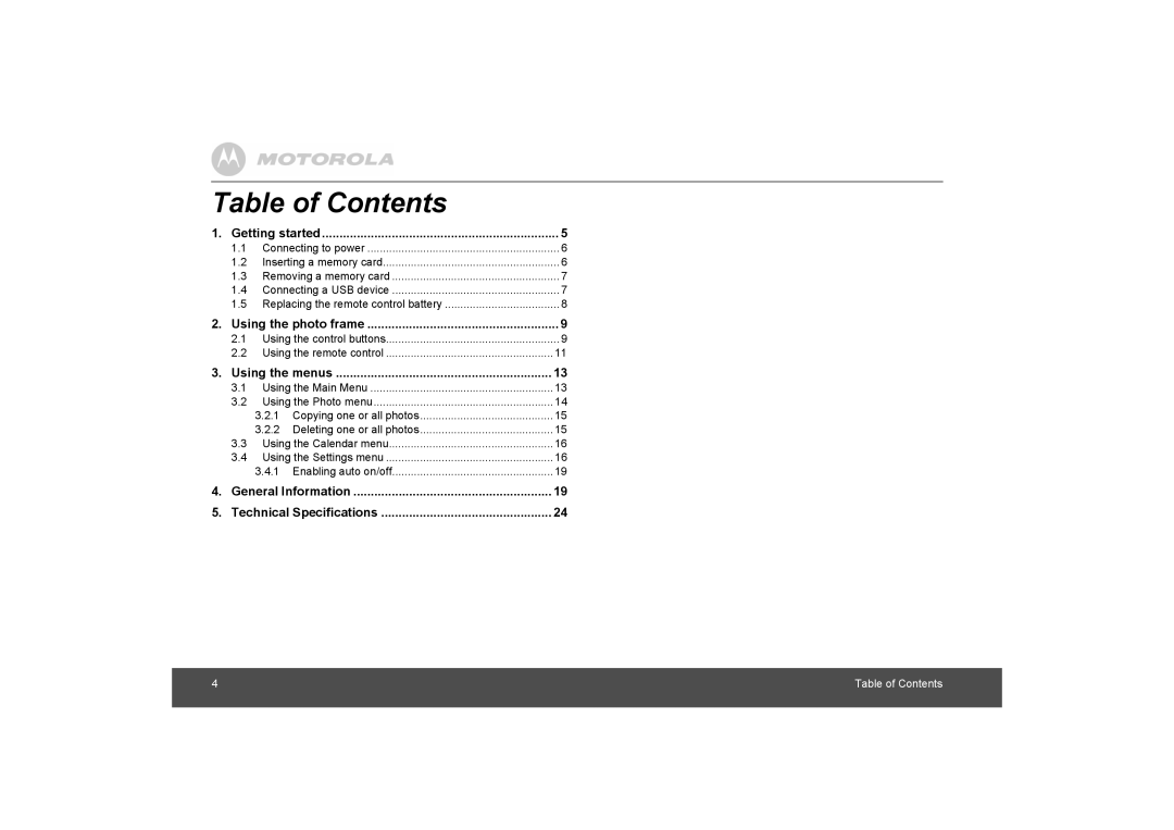 Motorola MF800 manual Table of Contents 