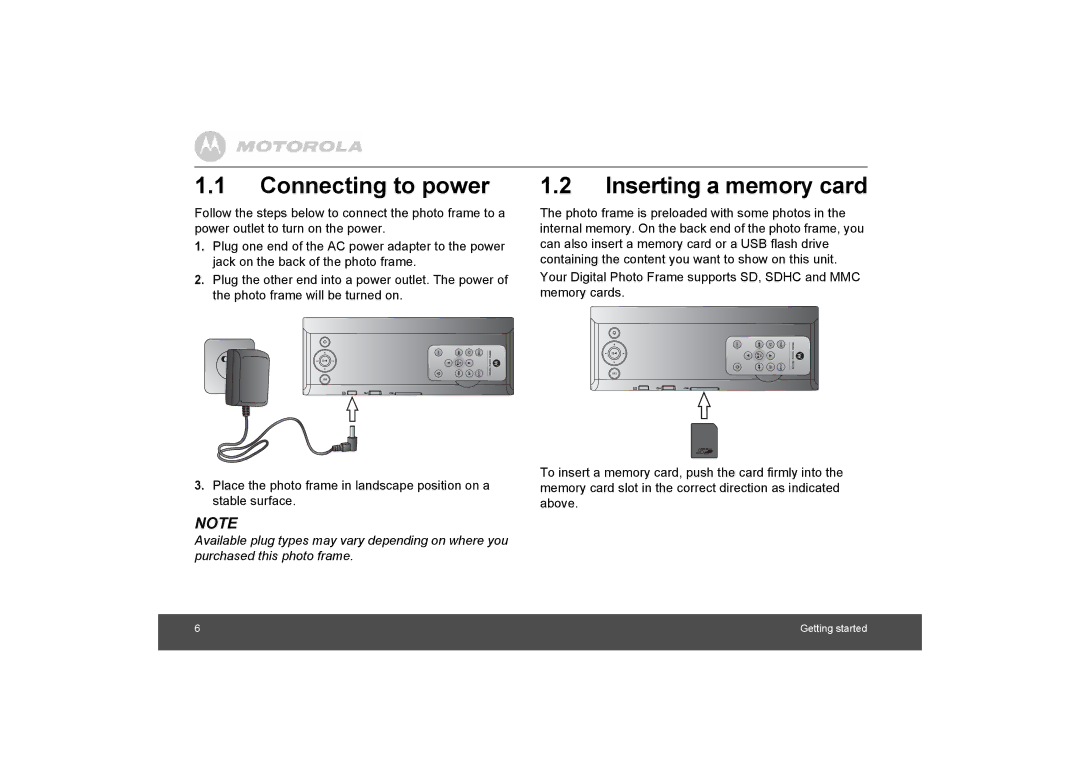 Motorola MF800 manual Connecting to power, Inserting a memory card 