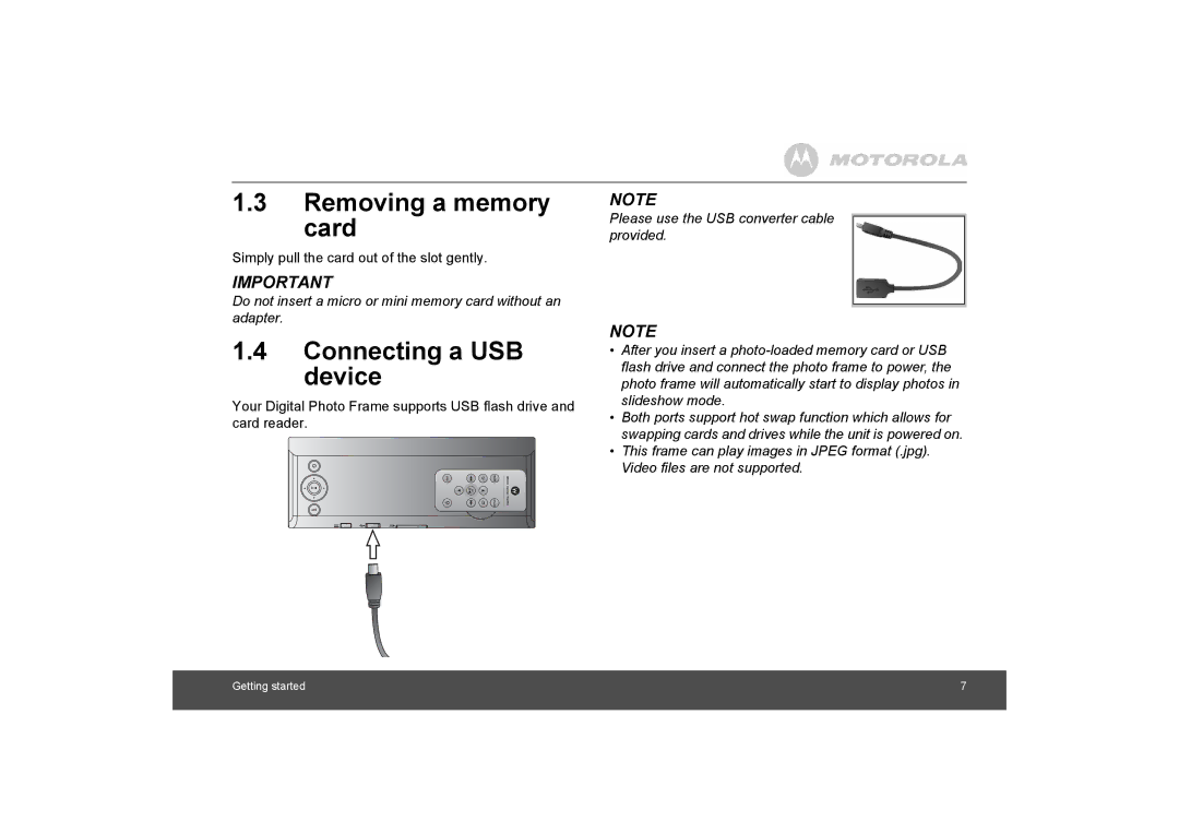 Motorola MF800 manual Removing a memory card, Connecting a USB device 