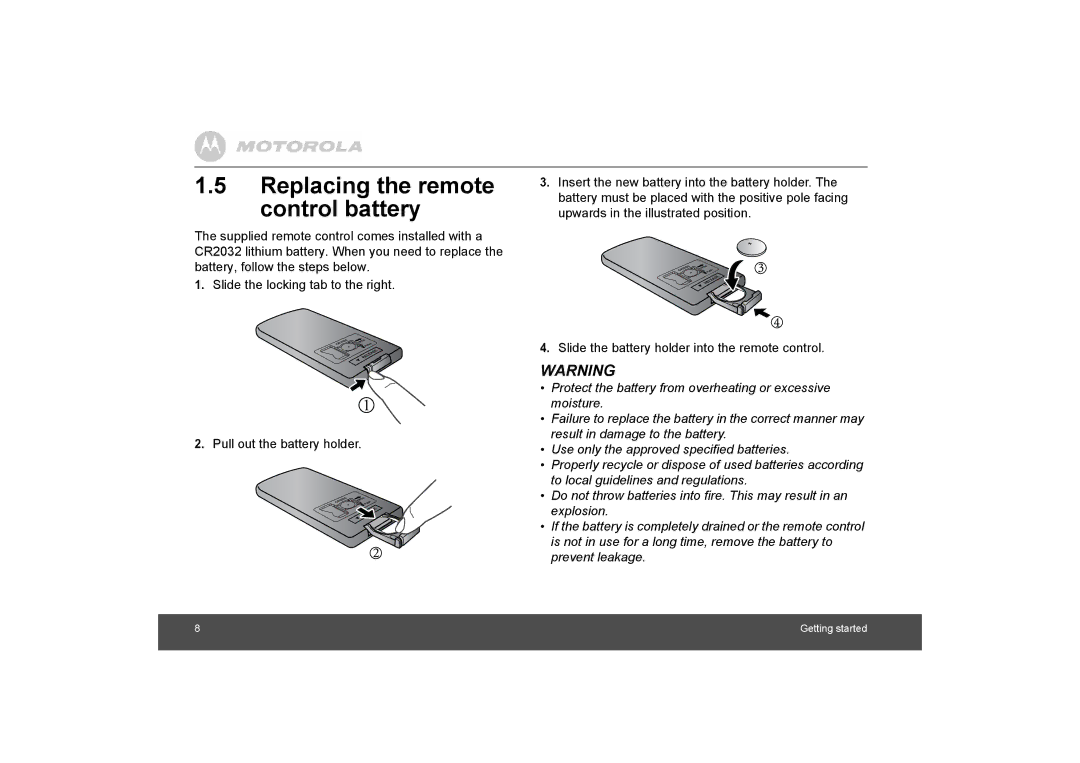 Motorola MF800 manual Replacing the remote control battery 