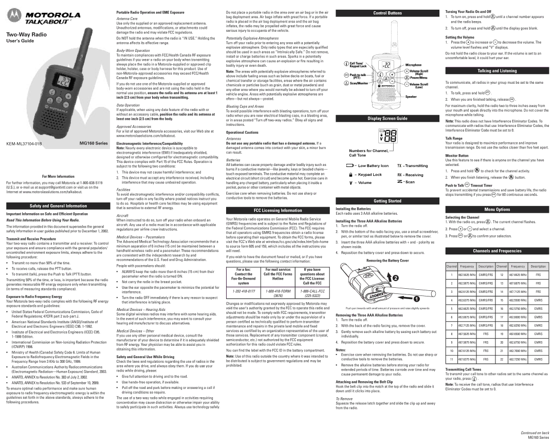 Motorola MG160A manual Safety and General Information, FCC Licensing Information, Control Buttons, Display Screen Guide 