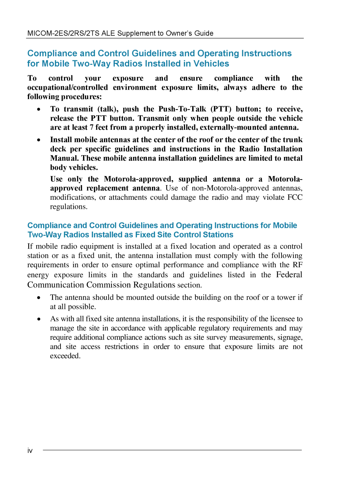 Motorola MICOM-2ES/2RS/2TS ALE manual Communication Commission Regulations section 