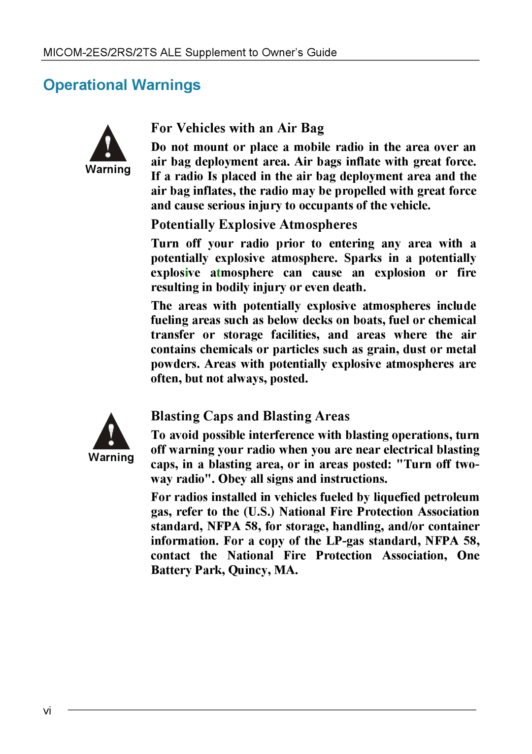 Motorola MICOM-2ES/2RS/2TS ALE manual Operational Warnings 