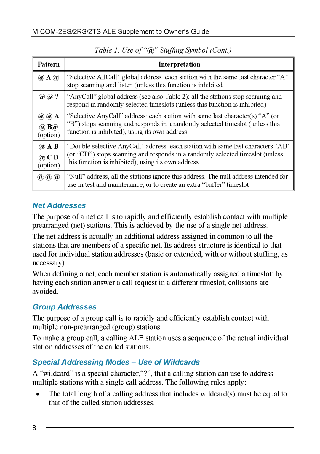 Motorola MICOM-2ES/2RS/2TS ALE manual Net Addresses, Group Addresses, Special Addressing Modes Use of Wildcards 