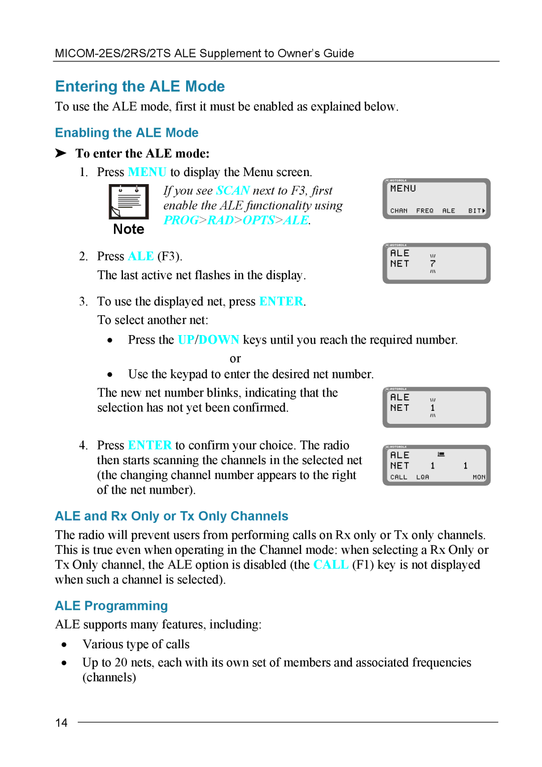 Motorola MICOM-2ES/2RS/2TS ALE manual Entering the ALE Mode, Enabling the ALE Mode, To enter the ALE mode, ALE Programming 